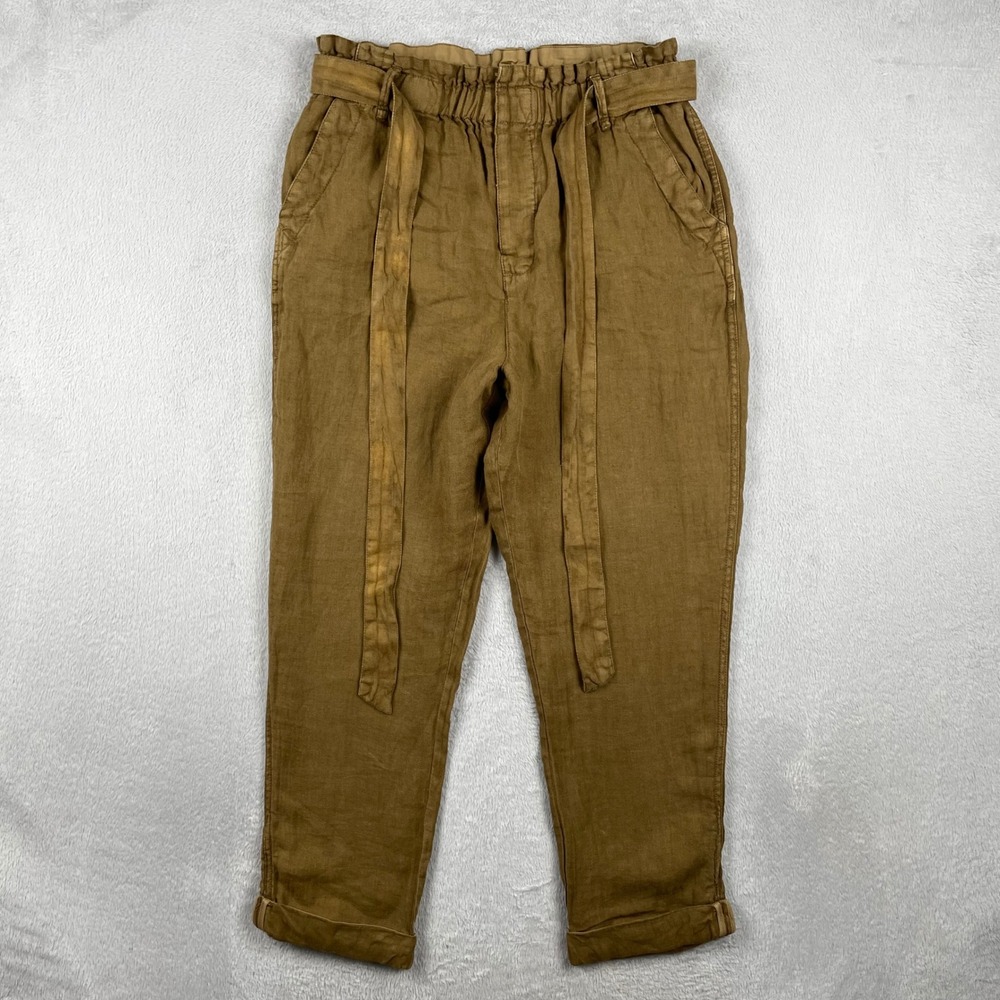 Free People Pants Womens Small Brown 100% Linen Paperbag High Waist Tie Bohemian